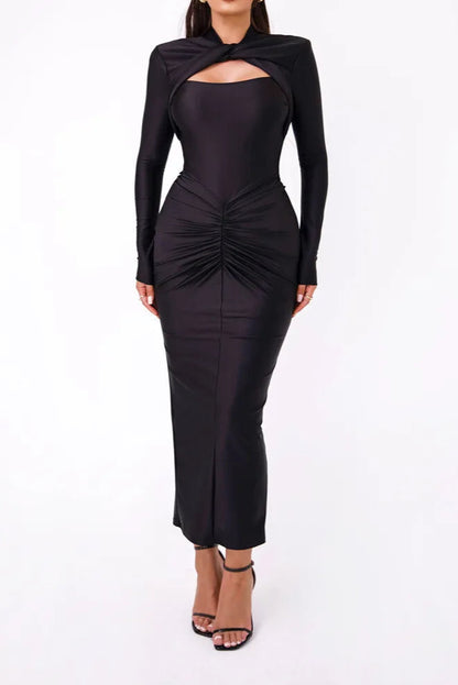 Hollow Out Long Sleeve Maxi Dress For Women Metal Buckle Bodycon Cocktail Dress