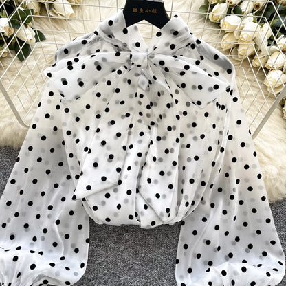 Vintage Polka Dot Tops Puff Sleeve Bow Lace Up Design Blouse