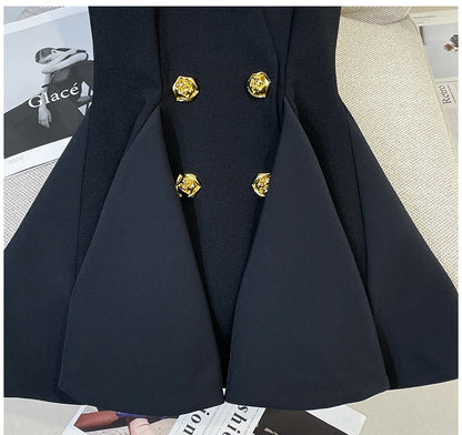 French Elegant Sleeveless A-Line Tunic Blouse Black Classic Gold Button