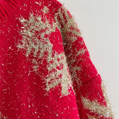 Loose-fit Line Big Snowflake Christmas Sweater Women's Pullover Thickened Crew Neck Sweater