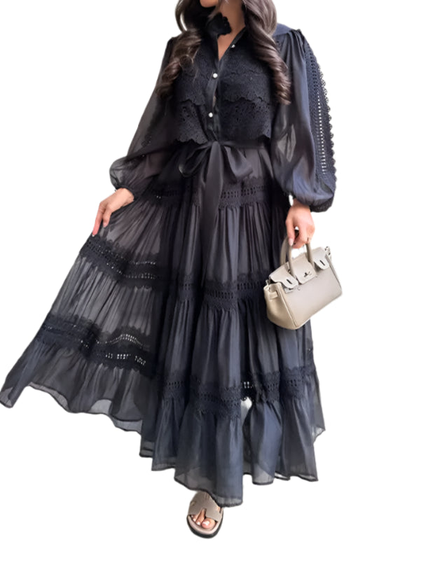 Long Sleeve Hollow Out Floral Dress Women Elegant Lapel Lantern Sleeves Maxi Dresses