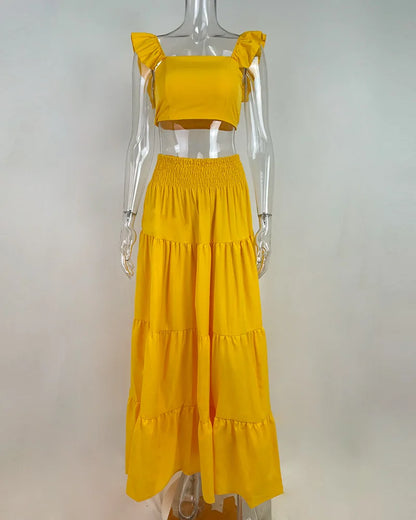 Y2k Two Piece Set Elegant Sexy Collage Sleeveless Top and Maxi Skirt Set