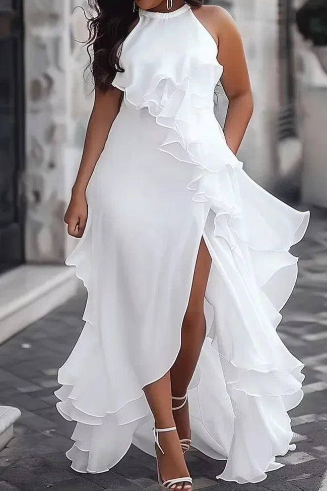 Wedding Bridesmaid White Dress Sleeveless Layered Ruffled Solid Dress