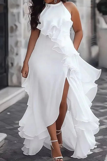 Wedding Bridesmaid White Dress Sleeveless Layered Ruffled Solid Dress