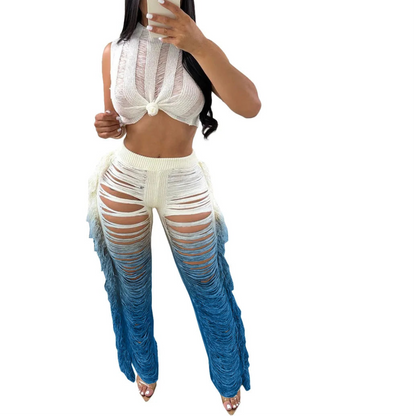 Two Piece Pant Sets Women Sexy Tanks Sleeveless Spliced Hollow Out Beach Vacation Outfit