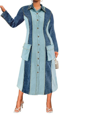 Plus Size Denim Dresses Women Long Sleeve Casual Button Pockets Striped Maxi Dress