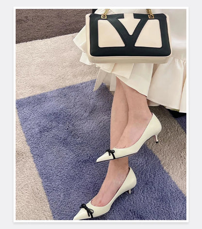 Butterfly Knot Color Blocked Shoes for Women Pointed Shallow Mouth Slim Heel High Heels
