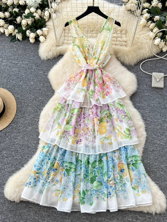 Vintage Slip Summer Dress Women Print Sashes Ruffle Flounce Long Party Dress Female Casual Evening Dress