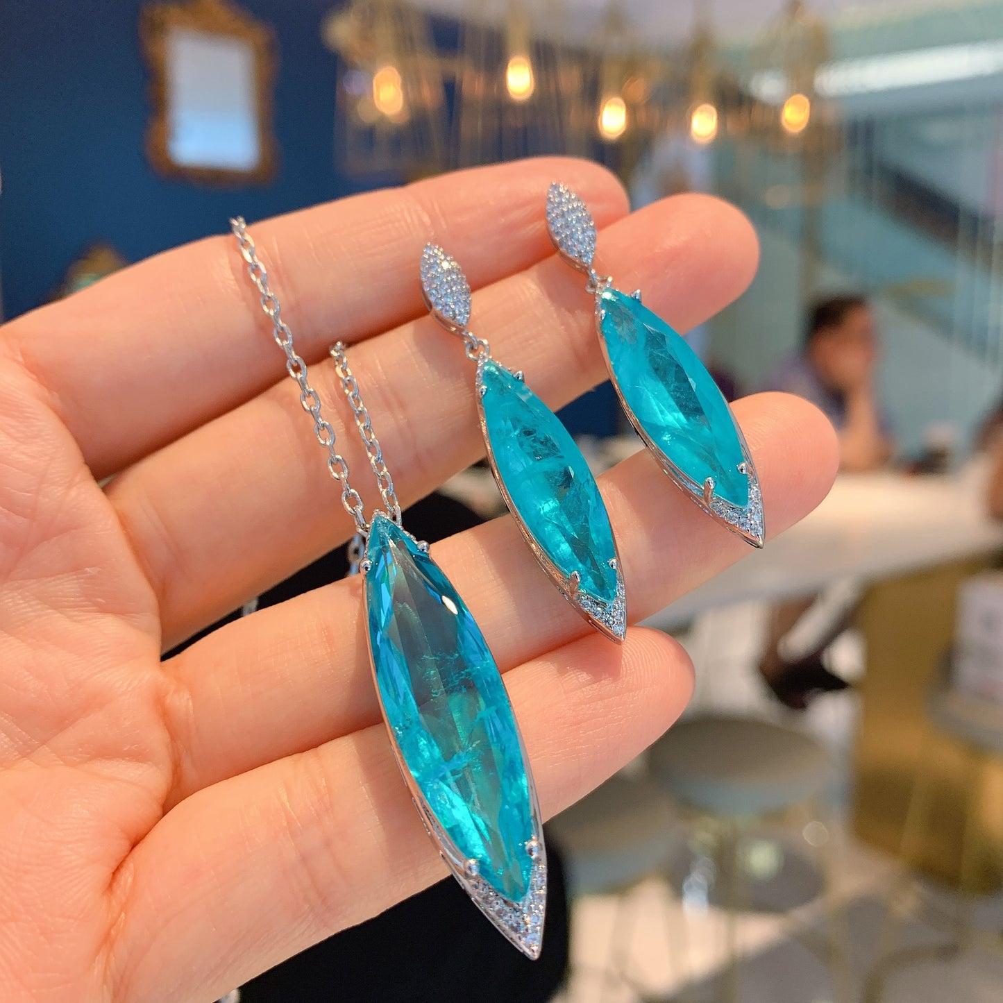 Blue Paraiba Crystal Gemstone Pendant Necklace Jewelry Set Gift for Women