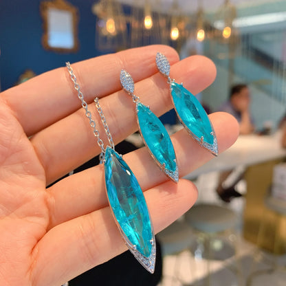 Blue Paraiba Crystal Gemstone Pendant Necklace Jewelry Set Gift for Women