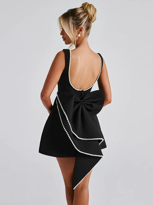 Pearl Bow Backless Mini Dress For Women Sleeveless High Waist A-line Mini Dress