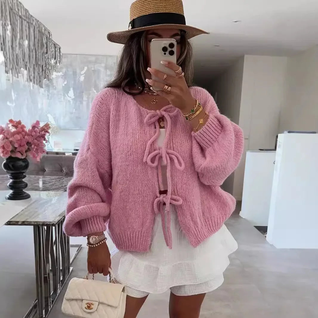 Elegant Knitted Cardigan Sweater Women's Lace up Cardigan