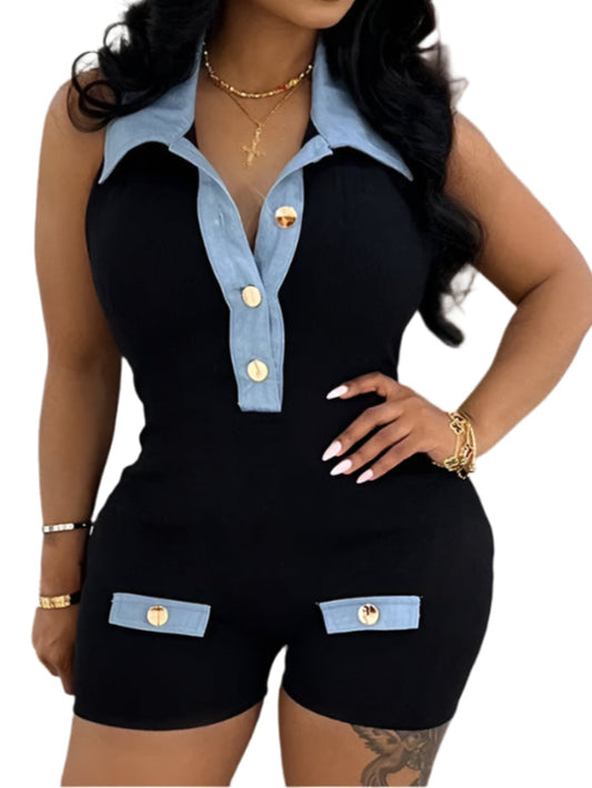 Denim Patchwork Rompers Polo-Neck Backless Sleeveless Vacation Playsuits