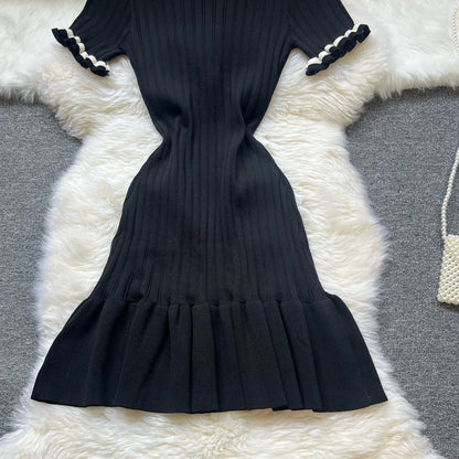 Chic Knitted Mini Dress Elegant Black Ruffled Party Dress