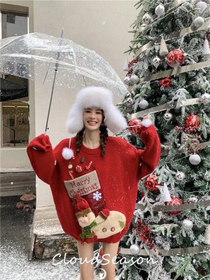 Christmas Sweater Loose New Lazy Thick Sweater Three-dimensional Cartoon Red Sweater