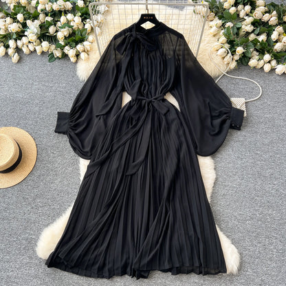 Women Elegant Long Flare Sleeves Vintage Bow neck Bow Loose Midi Dress