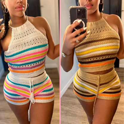 Striped Hollow Out Top & Drawstring Shorts Set Women Two Piece Set Y2k Club Beach Vest Halter Tops Elastic Waist Summer outfit