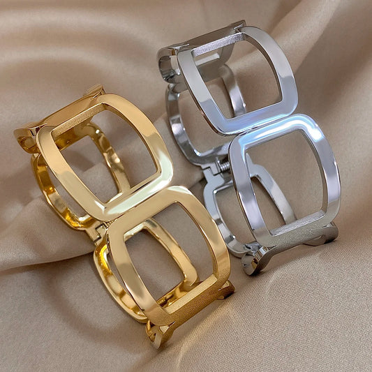 Square Circle Geometric Bracelet Chunky Stainless Steel Cuff Bangles