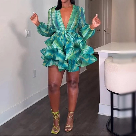 Sexy Deep V Neck Print Chiffon Mini Dress Belted Tiered Ruffle Party Dress