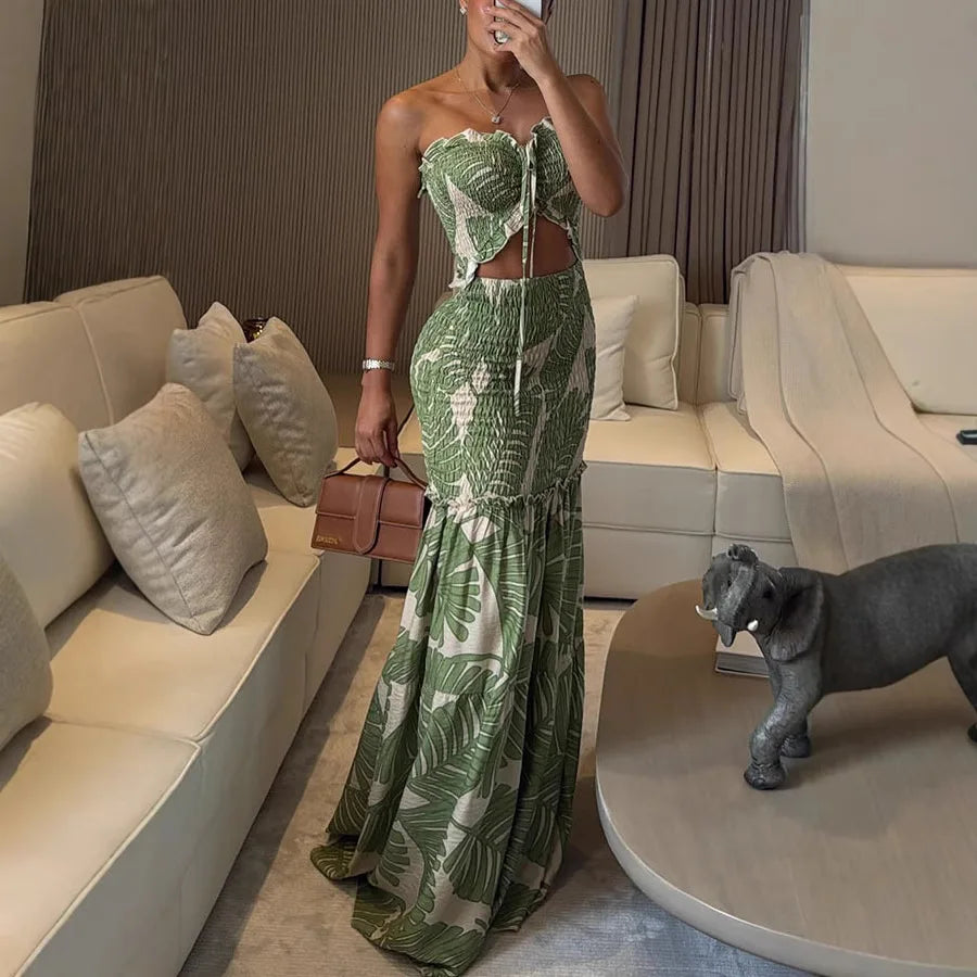 High Waist Hollow Dress Women Lace-Off Printed Sling Long Floor Maxi Dress