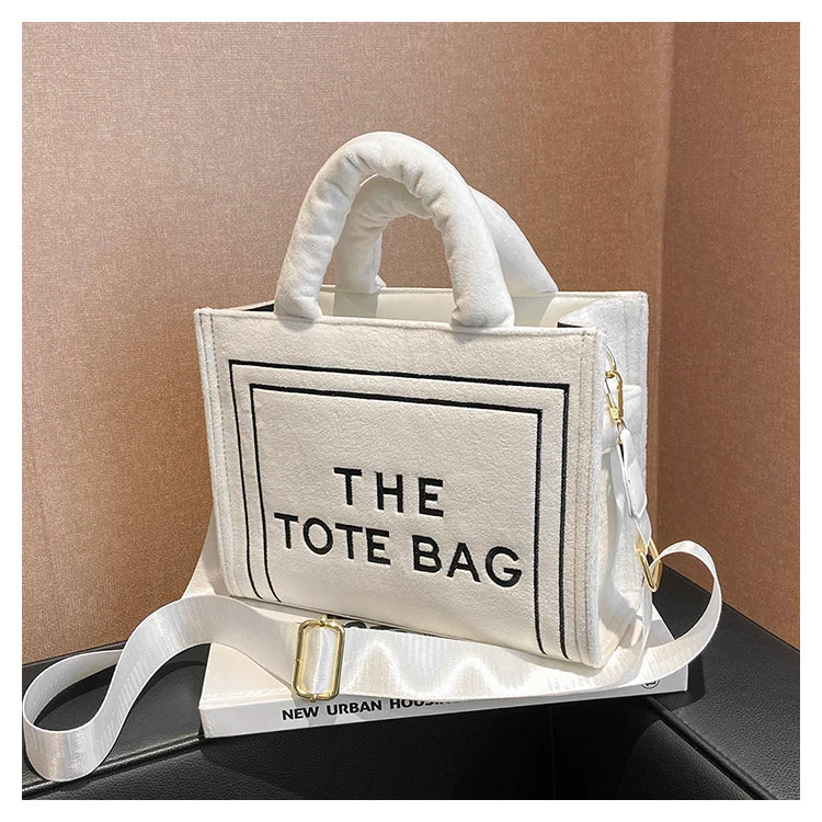 Women's Khaki Velour Tote Bag Original Letter Print Shopper Handbag