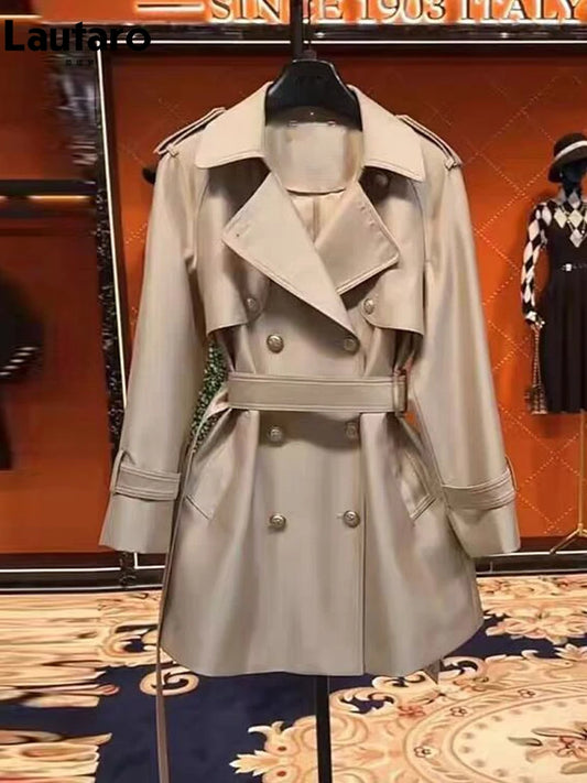 Autumn Khaki Satin Trench Coat for Women British Style Belted Double Breasted Coat