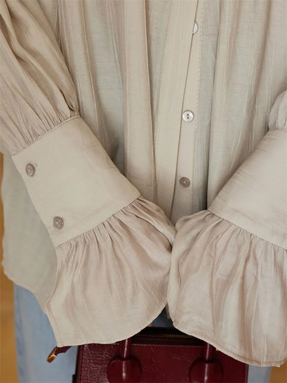 Summer Ruffled Loose Shirts For Women Lapel Long Sleeve Casual See-Through Blouse