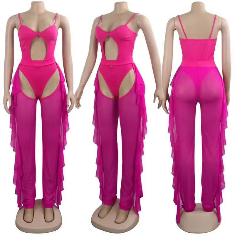 Hollow Out 2 Pieces Set for Woman Mesh See Through Bodysuit Top and Ruffles Pants Swimsuit Outfit
