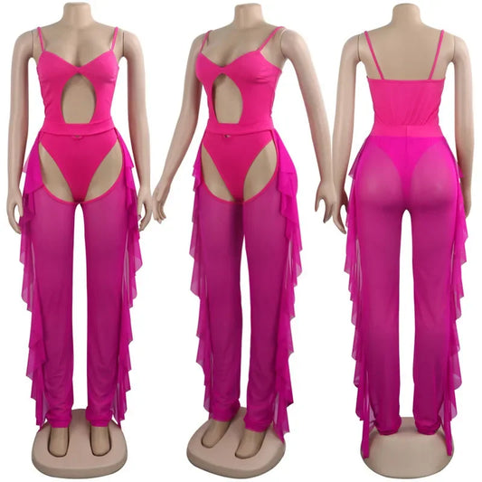 Hollow Out 2 Pieces Set for Woman Mesh See Through Bodysuit Top and Ruffles Pants Swimsuit Outfit