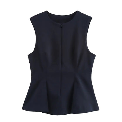 Women Solid Zipper Vintage Causal Sleeveless O Neck Tank Blouse Slim Pleated Vest Blouse High Street Folds Top