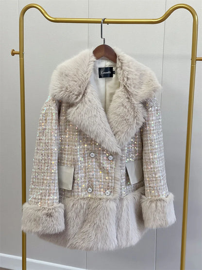 Glitter Coarse Wool Blended Fur Coat Long Sleeve Loose Coat