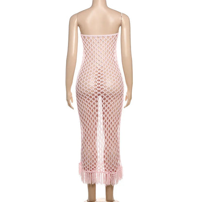 Women Beach Wear 2 Piece Set Sexy Knit Strapless Tassel Hem Dress+Bodysuit Vacation Wear