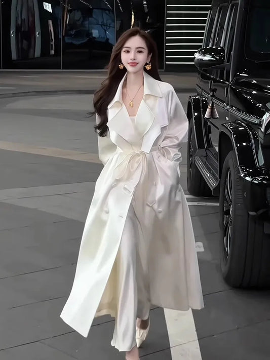 Long Flowy Shiny White Trench Coat for Women Double Breasted Design
