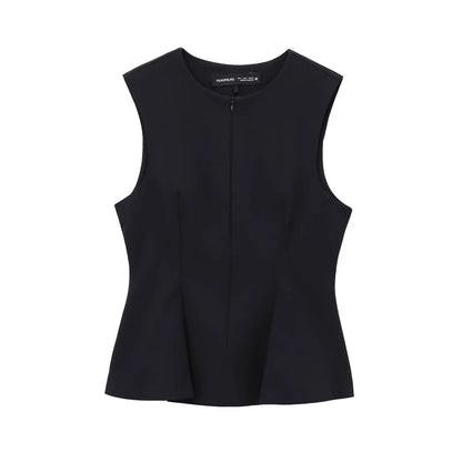 Women Solid Zipper Vintage Causal Sleeveless O Neck Tank Blouse Slim Pleated Vest Blouse High Street Folds Top