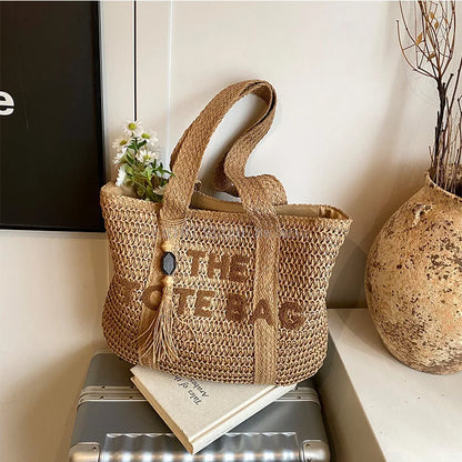 Women's Large Capacity Shoulder Bag Straw Woven Bag Letter Embroidery Handbag