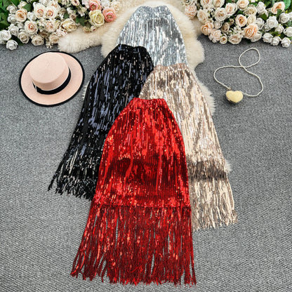 Women Chic Sequin tassel glitter Skirt High Waist Elegant Korean Fashion Skirt