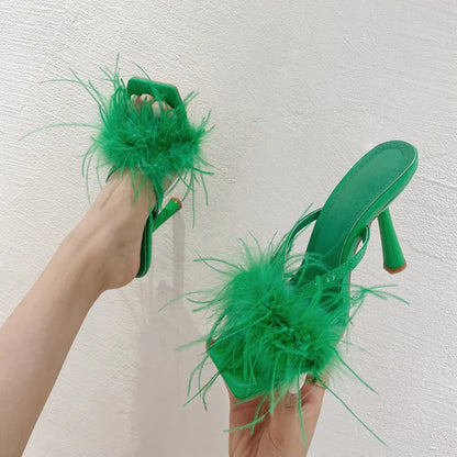 Fur Feather High Heels Slippers Sandals Women Summer Mules Ladies Shoes