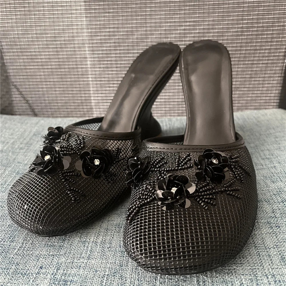 Women Summer Wedges Mesh Shoes Flower Round Toe Slip-On Hollow High Heeled sandals