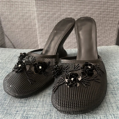 Women Summer Wedges Mesh Shoes Flower Round Toe Slip-On Hollow High Heeled sandals