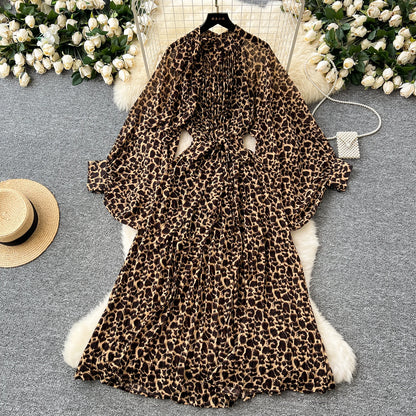 Women Elegant Long Flare Sleeves Vintage Bow neck Bow Loose Midi Dress