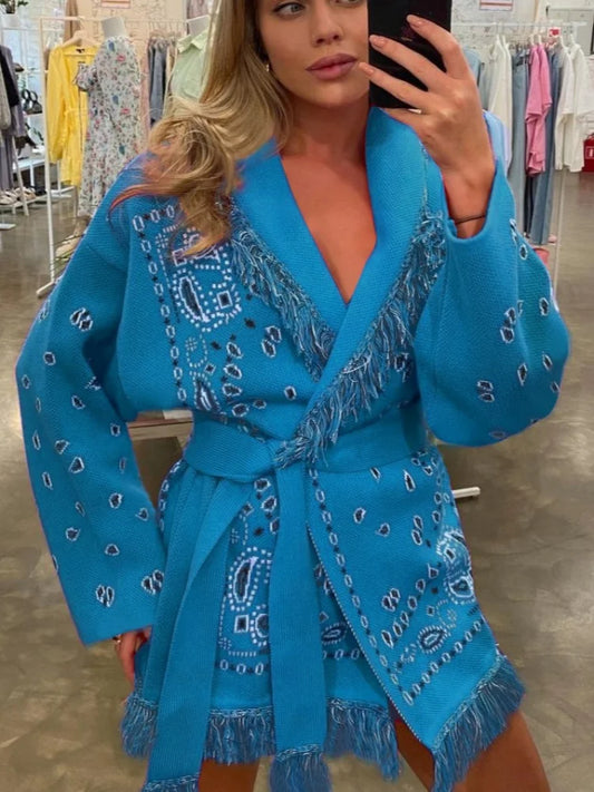 Bohemian Fringed Knitted Cardigan Paisley Long Sleeve Turn-down Collar Belted Vintage Coat