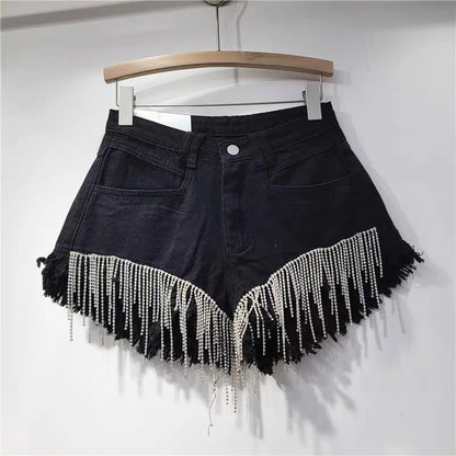 Denim shorts women's heavy industry rhinestone design high waist hot pants