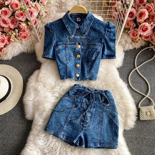 Denim Shorts Sets Shirts+Shorts Jeans 2 Pieces Sets Outfit