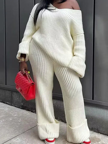 Knitted Ribbed Sweater Sets for Women 2 Piece Outfits Winter Clothes Casual Loose Matching Set