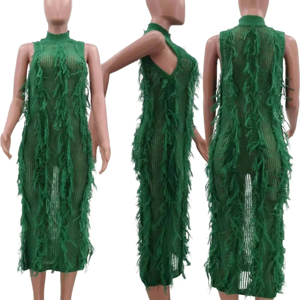 Fur Hollow Out Perspective Midi Dress Women Round Neck Sleeveless Slim Dress
