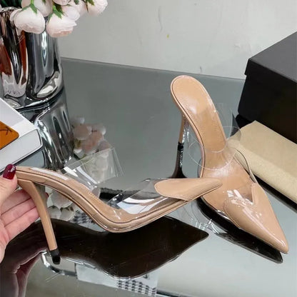 Transparent PVC Mixed-color Women Pumps Elegant Pointed toe Thin High heels Slingbacks Mules Party Prom Shoes