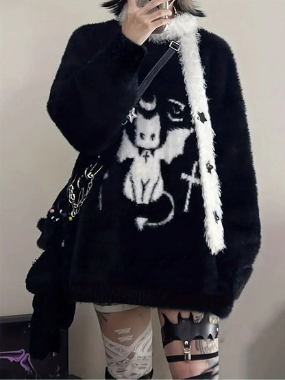 Gothic Casual Oversized Knitted Jumpers Grunge Cartoon Sweater Y2k Aesthetic Pullover