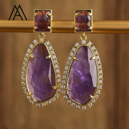 Luxury Crystal Earrings Wedding Jewelry Healing Natural Gemstone Amethysts Amazonite Labradorite Stud Earring Gift to Women