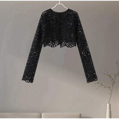 Summer Vacation See Through Crochet Top Women Set Hallow Out Flare Long Sleeve Skirts Set