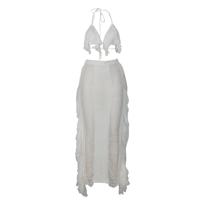 Sexy Elegant Hollow Out Knitted Tassel Wrap Hip Skirt Suit Women Vacation Beach 2 Piece Sets